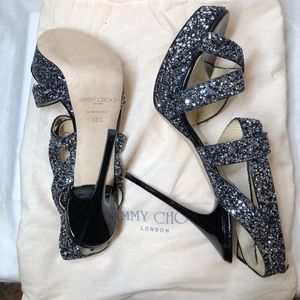 Jimmy Choo black and silver glitter heels sz 38.5